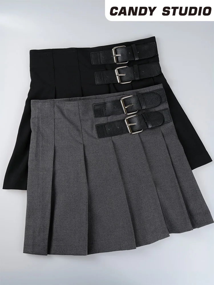 

High Waist Pleated Skirt A-Line Skirt Women's Summer Korean Style School Uniform Short Skirt with Belt Pure Color Commute