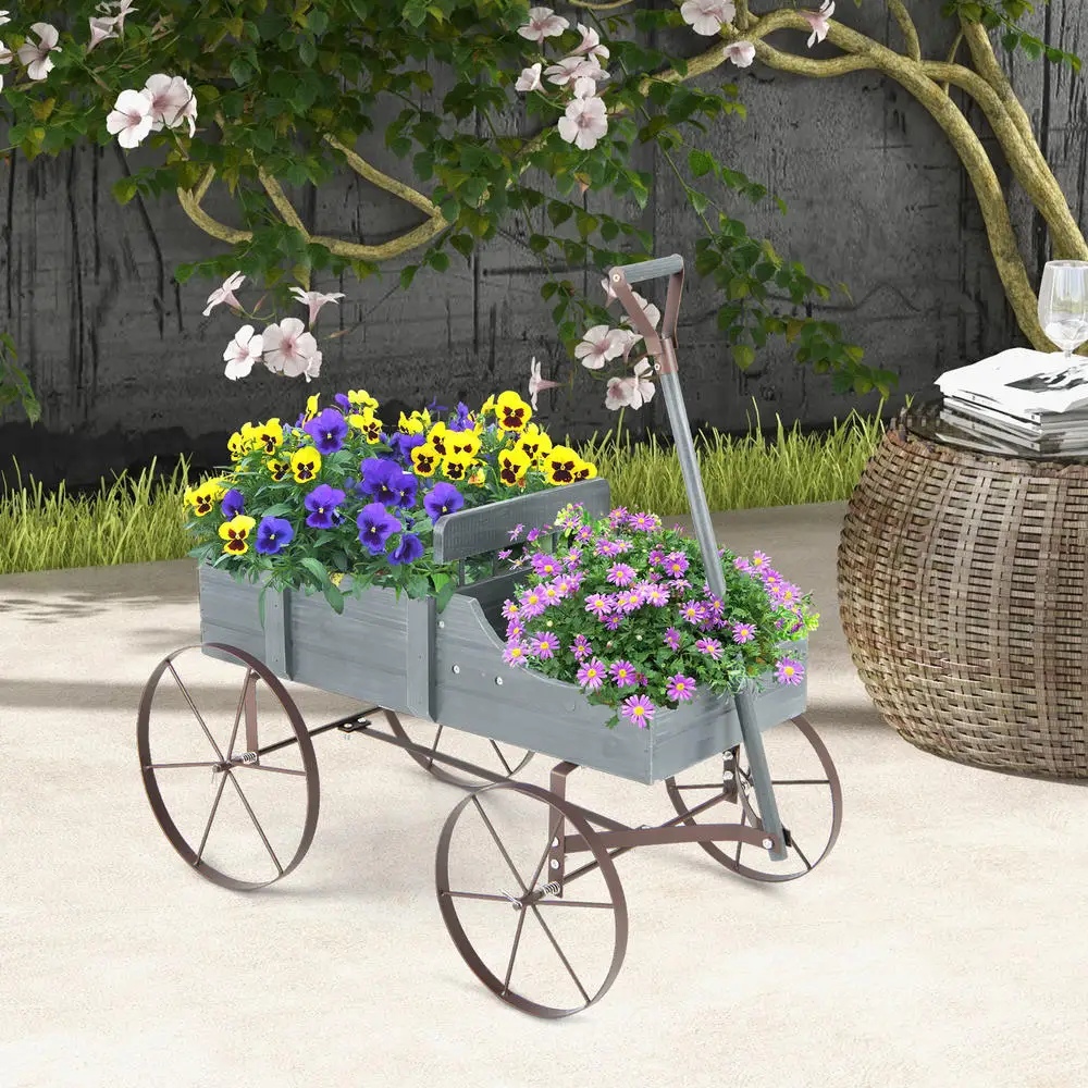 Wooden Planter Wagon With Metal Wheels, Movable Garden Flower Cart With Handle, Dual Section Raised Bed For Patio Yard Decor, Gray