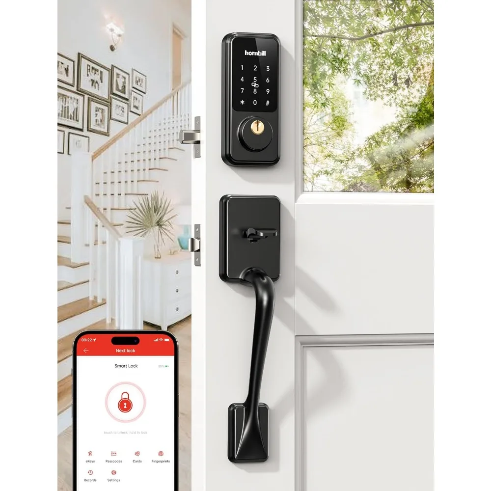 Front Door Lock Keyless Entry: Hornbill Smart Front Door Handle Sets, Electronic Keypad Smart Deadbolt with Handles, Digital Tou
