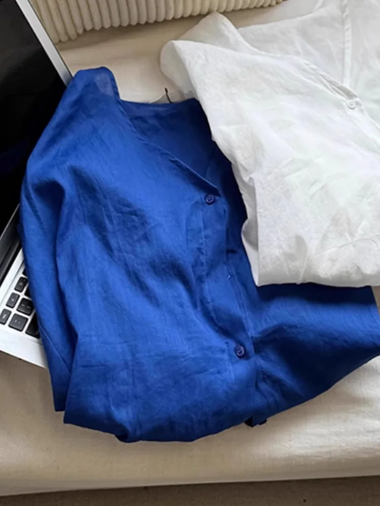 Luźny lniany długi sweter damski wiosna lato dekolt w serek bawełna len ochrona przed słońcem otwarty kardigan wczesna jesień top