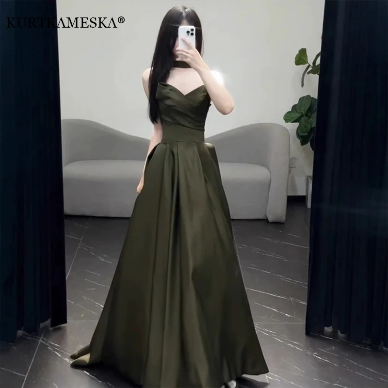 

Luxury Dark Green Satin Ball Gown Evening Dress Strapless Sweetheart Neck Floor-Length Formal Prom Party Wedding Guest Gown
