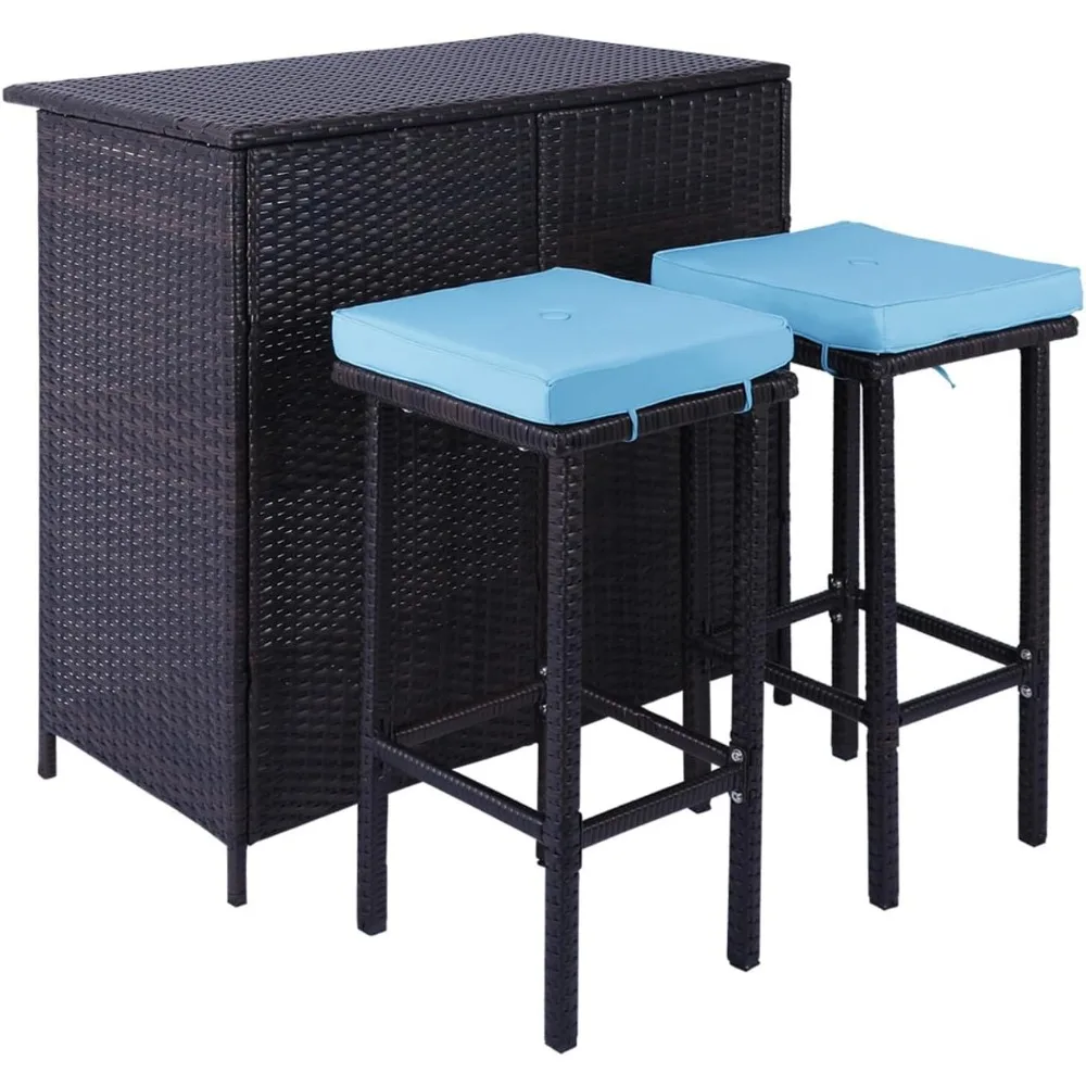 3PCS Patio Bar Set Outdoor Furniture Set Wicker Bistro Set with Two Stools for Patio Backyard Balcony