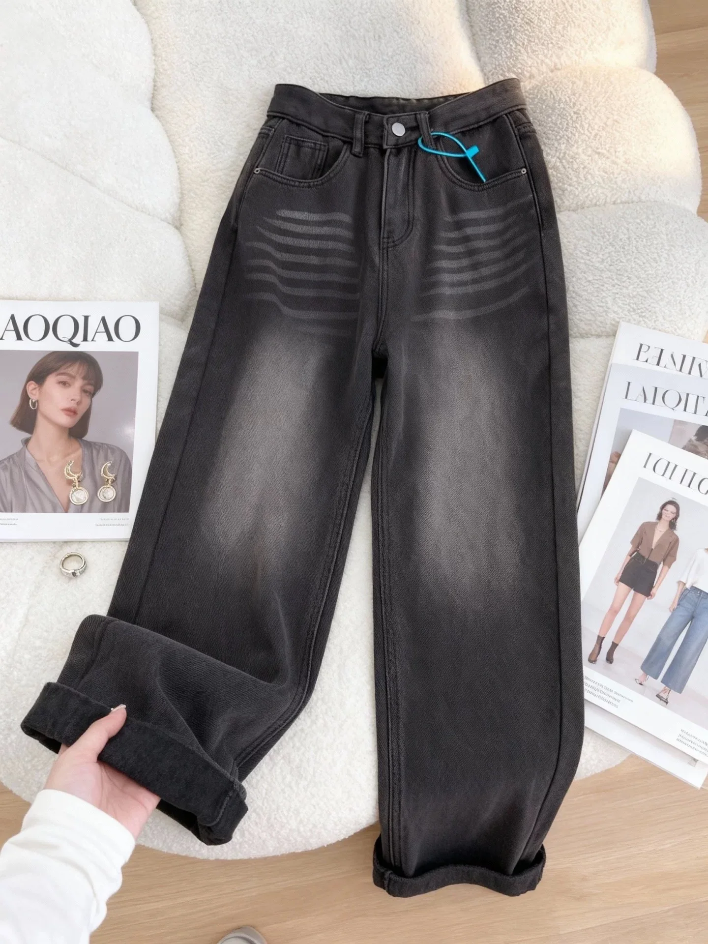 

Retro American ey Fce Lined Loose Wide Leg Jeans Men's Autumn Winter Thiening Drapey Straight Cut Denim Pants