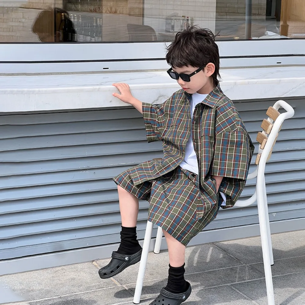 

Boys Set Korea Style 2024 Summer New Plaid T Shirt Jacket Shorts Casual Two Piece Handsome Boys Fashion Kids Summer Clothes