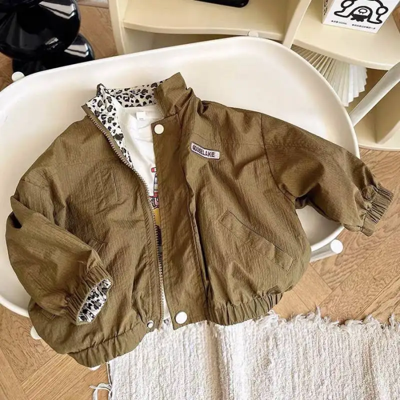 Children Spring and Autumn New Jackets Boys and Girls Fashion Leopard Pattern Coat Double Sided Wear Children Clothing Trendy