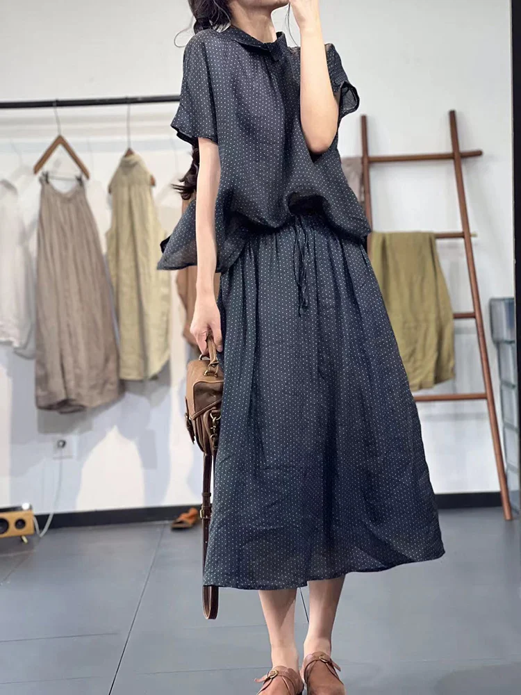 Oversized Korea 2 Two Piece Set Summer Women Cotton Linen Print Blouse And New Ladies Womens Big Size Casual Loose Skirt Sets