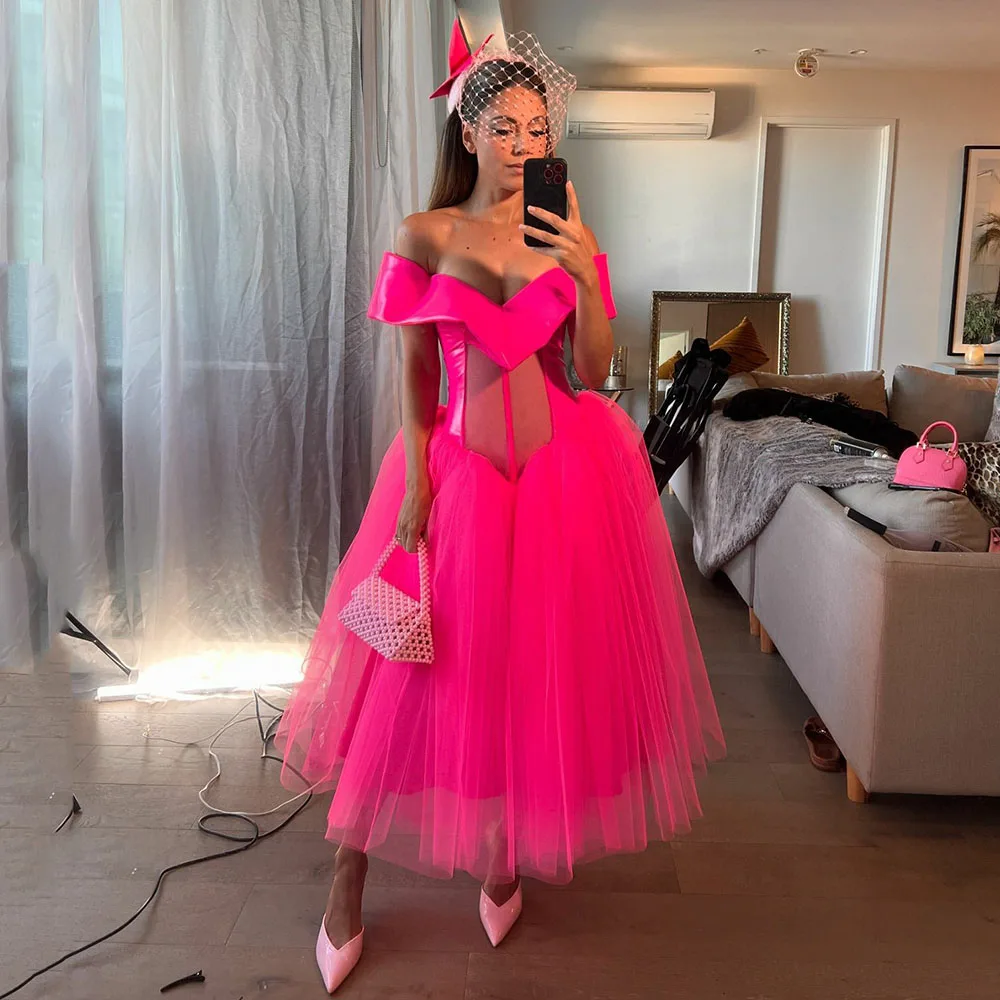 

Hot pink Celebrity Dress Gala Shiny off The Shoulder Sexy Tulle Corset Prom Dress Brithday Dress Customized Midi Party Gown