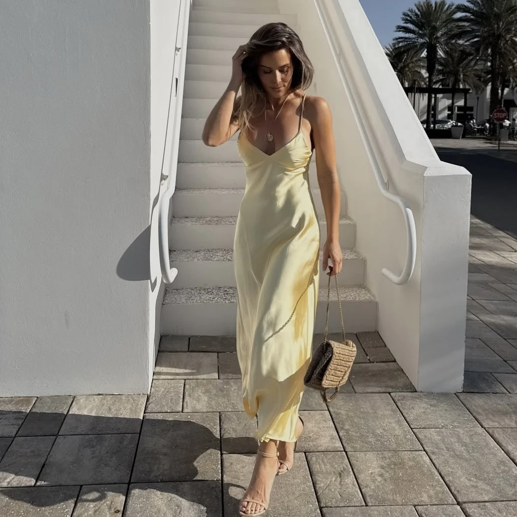 ZBZR primavera nuevo Sle mujer textura satinada Svel Midi Dr Ele cintura alta V-Ne falda de longitud media de fibra de poliéster