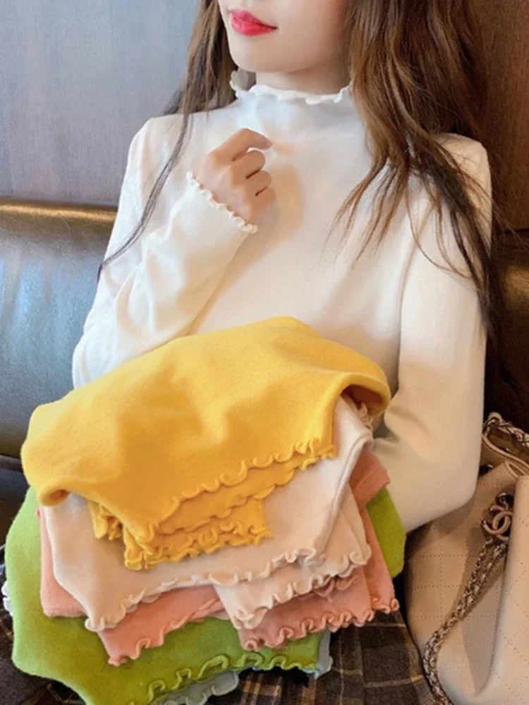 2025 Women's Slim Long Sleeve Base Shirt Fashionable Turtleneck Solid  Autumn Winter T-shirt Korean Style Simple Base Layer Tops