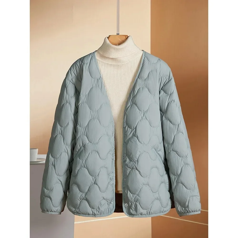 

2025 New Female Winter Warm Collarless Fashion Ultralight Quilted Puffer Coat Women Liner Duck Down Jacket V-neck Office Lady