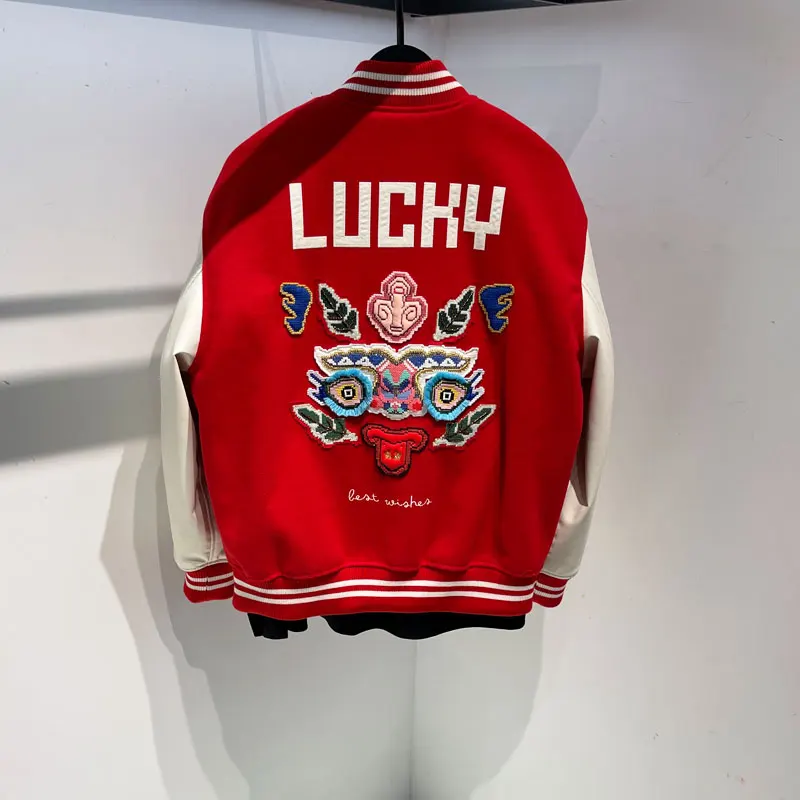 

Faionable Spring Autumn Men's Baseball Jaet Patchwork Embroidery Towel Red Workwear Couple's Trendy American Sle Coat