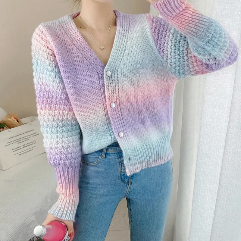 HELIAR Elegant Women Rainbow Cardigan Japan Casual Long Sleeve Gradient Knitted Coats Sweet Casual Design Female Fashion Sweater