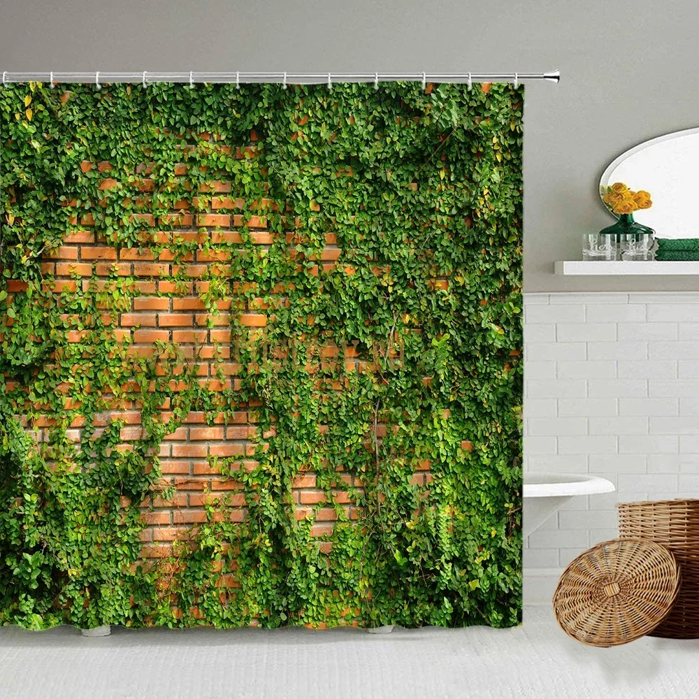 Green Vine Vintage Stone Brick Wall Shower Curtains Set Natural Plants Leaves Flowers Polyester Fabric Bathroom Decor with Hooks