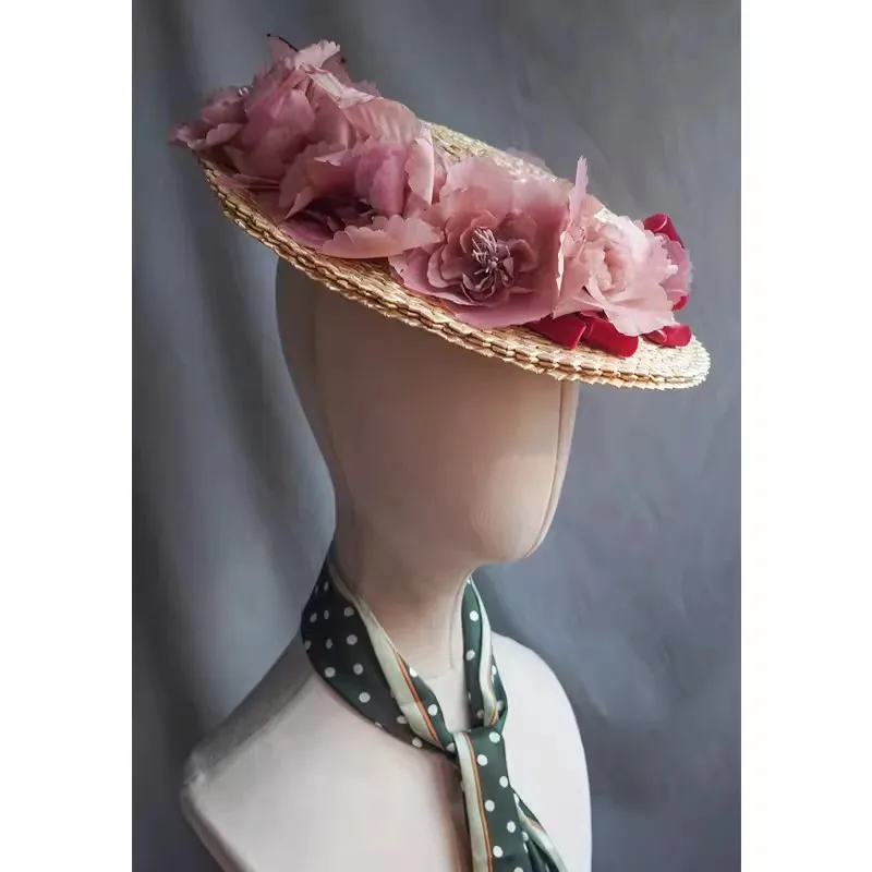 202410-shi ins summner handmade straw Downton Abbey Vintage Velvet ribbon Elegance flower holiday lady sun cap women leisure hat