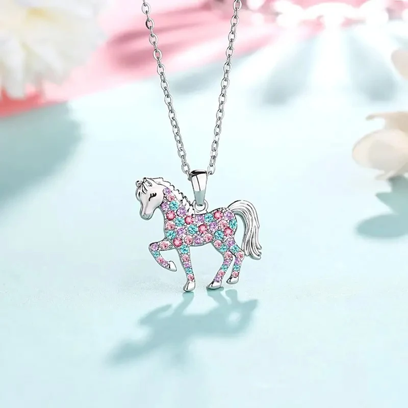 Cute Colorful Crystal Unicorn Horse Pendant Necklace For Girls Boys Children Jewelry Gifts