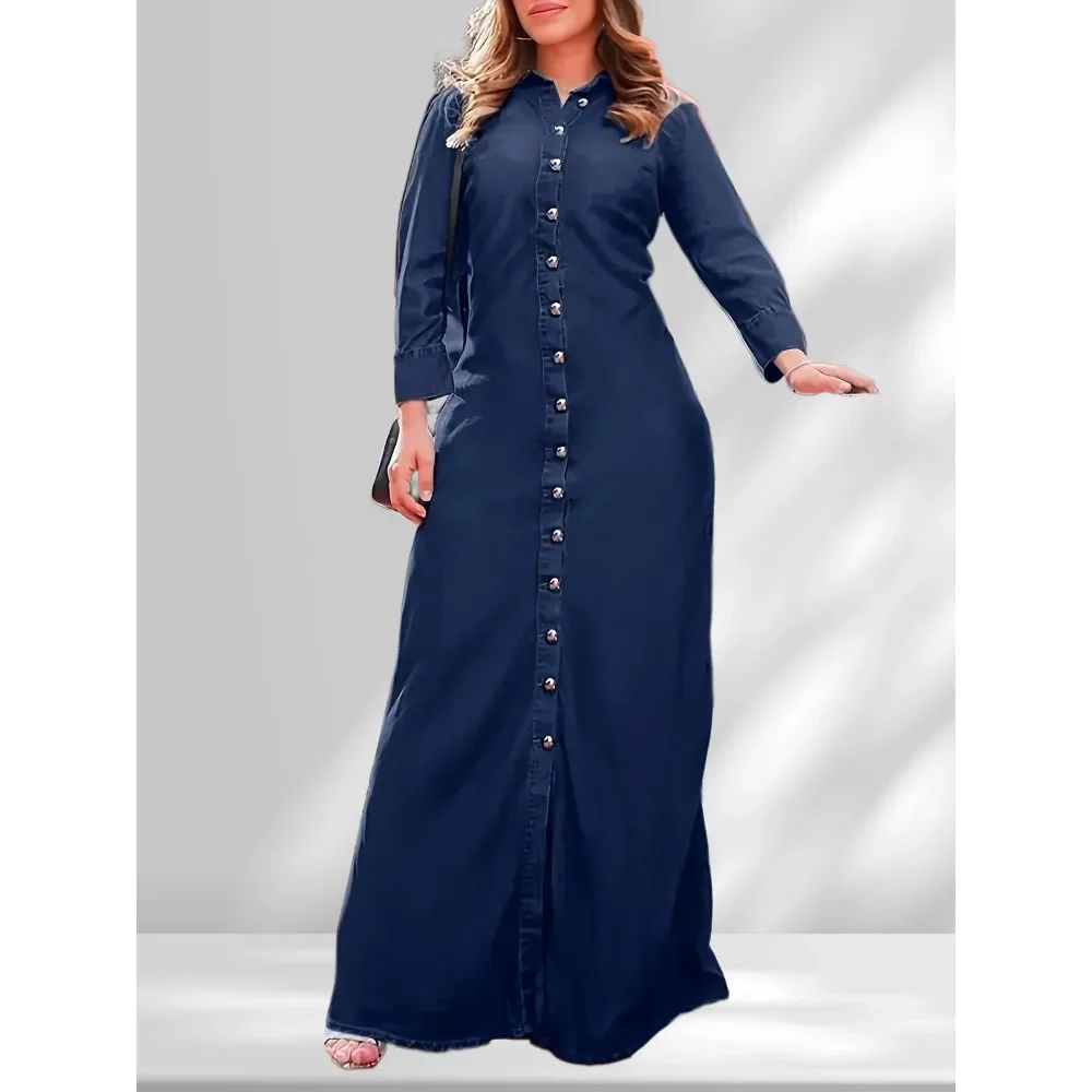 Damska długa sukienka z kołnierzykiem L-5XL Plus Size Casual Denim Sukienka z długim rękawem i guzikami, luźna długa sukienka w jednolitym kolorze