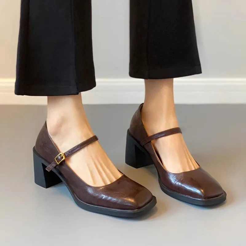 

Retro Loafers Women Square Toe Mary Janes Shoes 2025 New Sping Summer Ankle Buckle Pumps Elegant Ladies Shoes Black High Heels