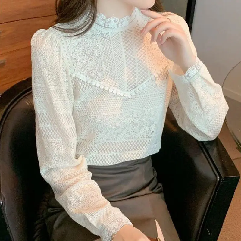 Half High Collar Lace Undershirt Women\'s Autumn New Fashion Versatile Chiffon Shirt Top with Inner Layer Small Shirt