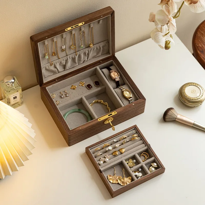 Schmuckschatulle aus massivem Holz, Aufbewahrungsbox, hochwertig und exquisit mit Schloss, großes Fassungsvermögen von Ohrsteckern und Handschmuck.