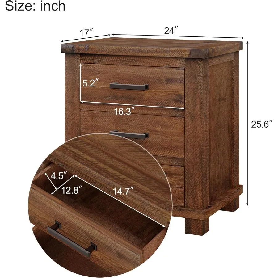 مزرعة 3 أدراج منضدة المستصلحة خشب الصنوبر طاولة السرير حامل ليلي أريكة طاولة نهاية جانبية مع مقابض معدنية عتيقة بالكامل