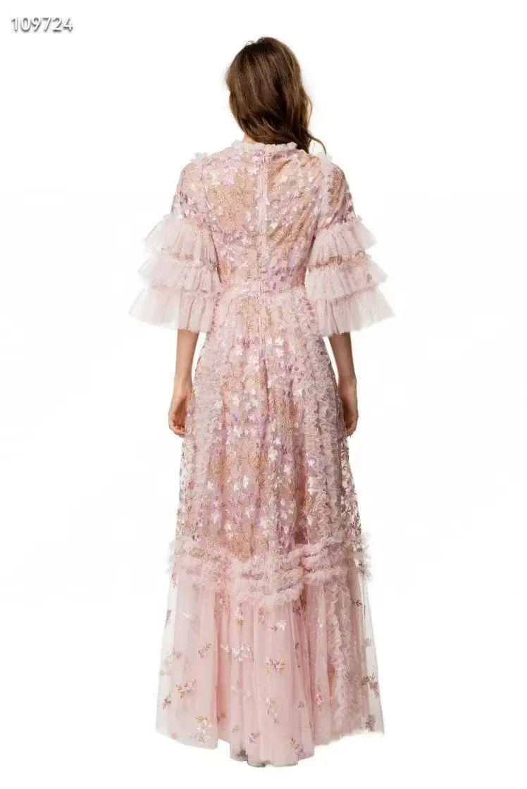 Outono novo o-pescoço estilo de fadas requintado folha de lótus borda emenda em camadas pétala manga cintura alta bordado vestido longo feminino