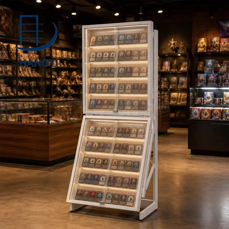 custom.Hangyi.retail Tcg Card Display Rack Modern Vertical Metal Frame Lockable Adjustable Height Freestanding Display She