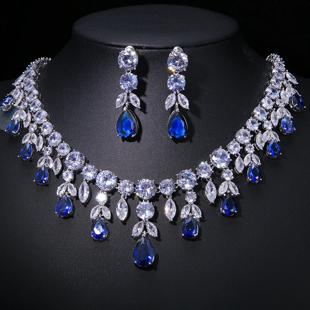 Emmaya Zircons Bling Square Drop Dark Blue Cubic Zircon Necklace and Earrings Women Party Jewelry Set for Wedding Brides