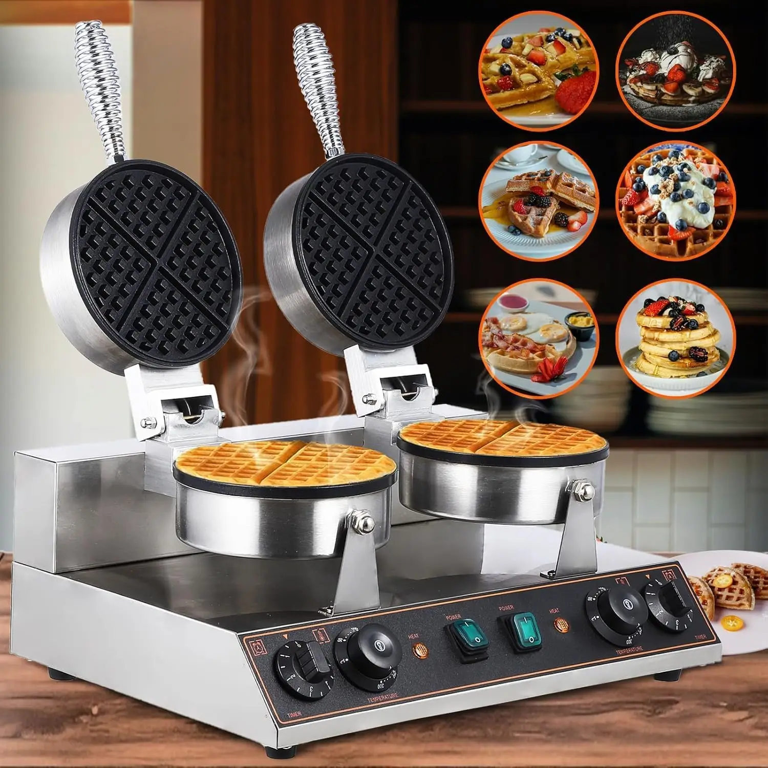 مكواة الوافل البلجيكية التجارية وصانعة الوافل المستديرة - درجة حرارة/مؤقت قابل للتعديل (0-5 دقائق، 170-250 ℃ )، لوحات دوارة غير لاصقة، مضادة لـ