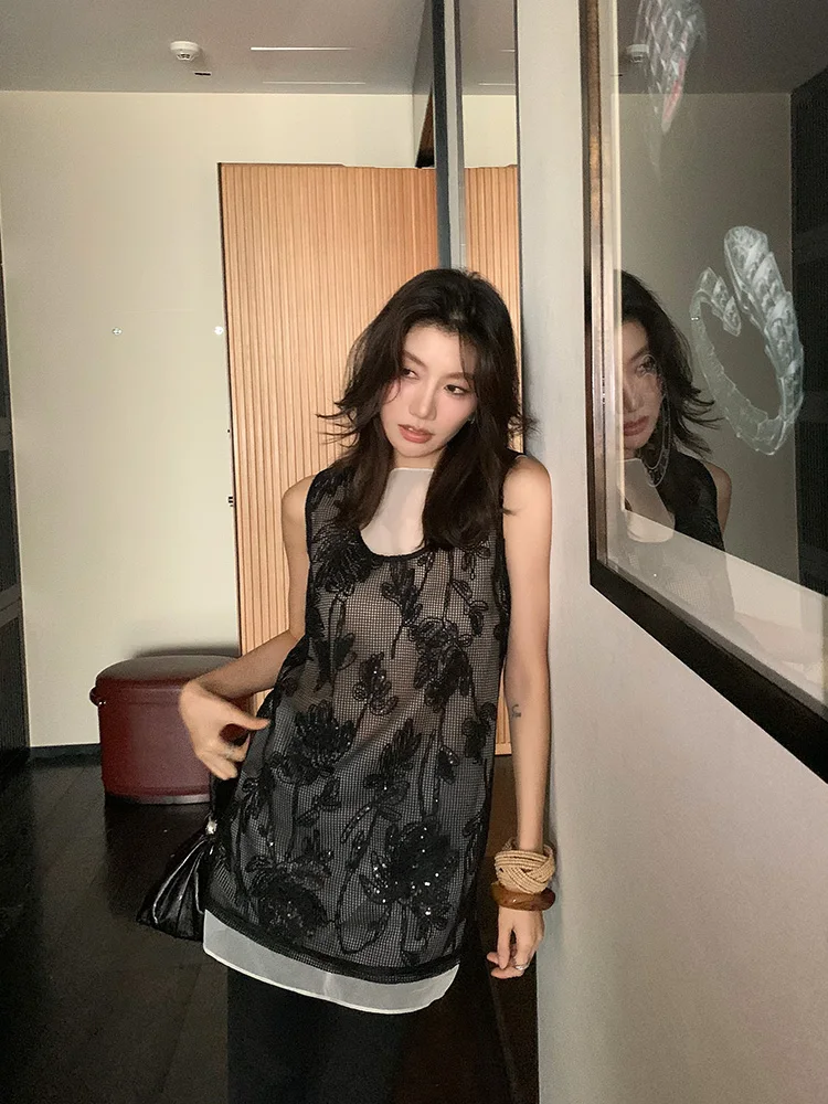 

Dragon Xier Lace Me Vest Set iny Sequin Floral Cover up Luxury Sensation Faionable Women's Autumn Outfit Two-Piece Set