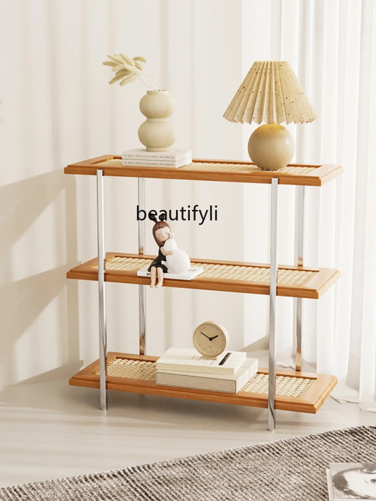 Nordic Multi-Layer Rattan Floor Solid Wood Bookshelf and Storage Shelf Stainless Steel Storage Rack Japanese Display Stand