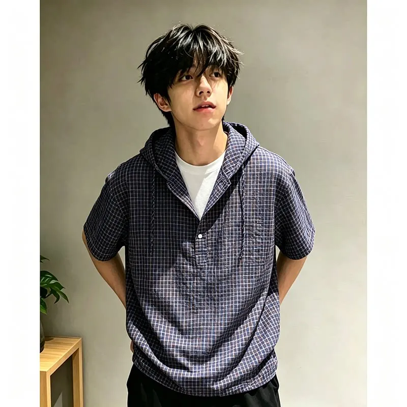 Men Summer T-shirts Dopamine Seersucker Yarn Plaid Man Short Sleeve Hoodie Shirt Fake Two Piece Hooded T-Shirt Male Tshirts T04