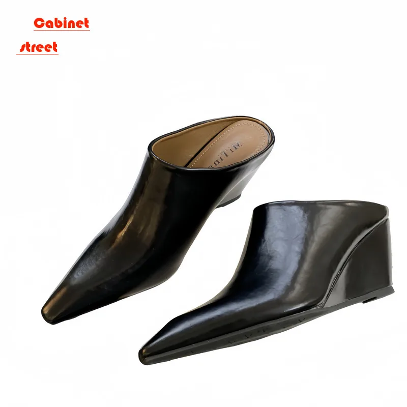 

Europe and United States Baotou Half Slippers Women Soft Leather Square Wedge High Heels Wear Thick and Lazy Mueller Shoes