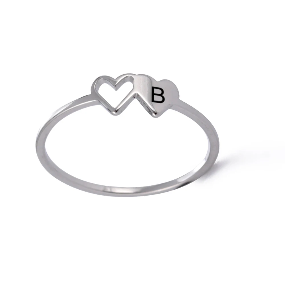 Amaxer Double Hearts Initial Letter Rings For Women Simple Stainless Steel A-Z Alphabet Lover Ring Valentine's Day jewelry Gift