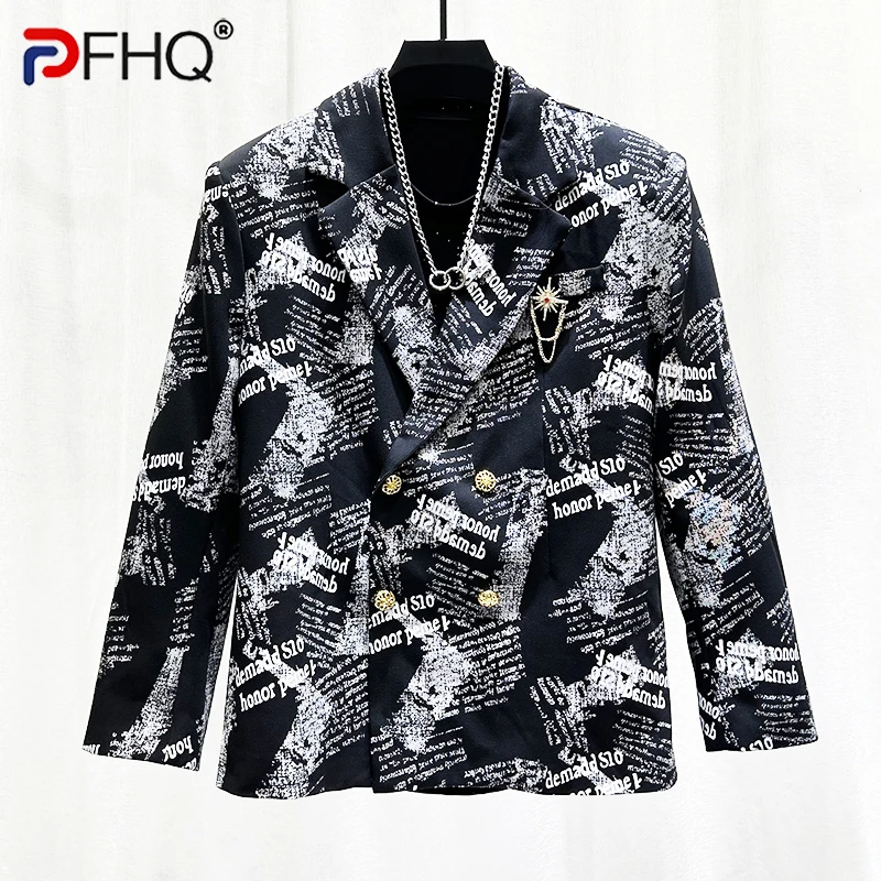 

PFHQ Autumn New Printed Letter Double Breasted Black Suit Jacket Men's Fashion Loose Fitting Suit Top Contrast Color 21Z6110