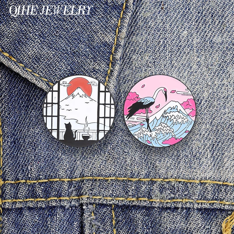 Japanese Ukiyo-e Style Black Cat Viewing Fuji Enamel Pin Crane Dancing on Wave Metal Brooch Fashion Jewelry Gift Bag Lapel Badge
