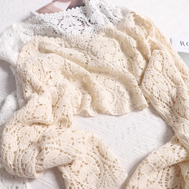 

Vintage Hollow Hook Flower Cropped Cardigan Women Spring Long Sleeve Slim All Match Crop Top Gentle Y2k Shawl Cardigans