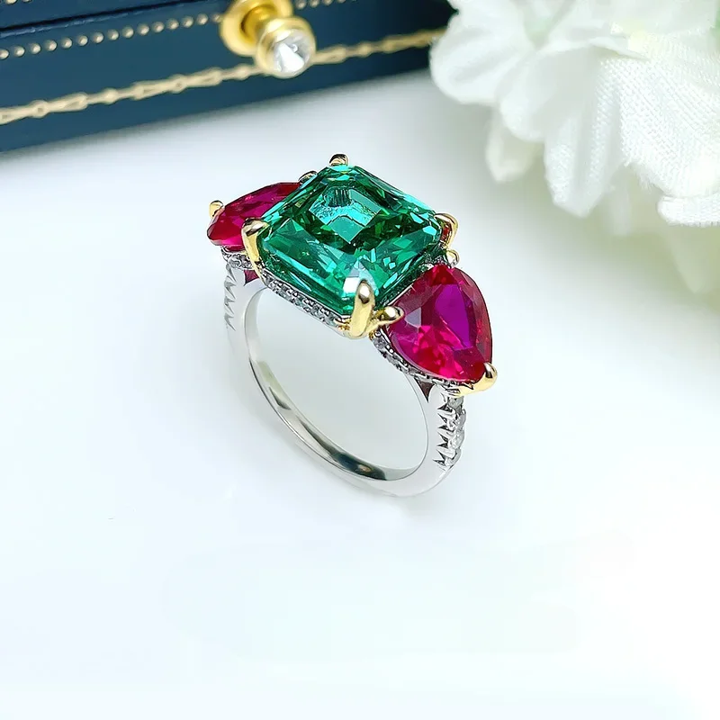 

Desire Three Stone Love Princess Square Ring with 925 Sterling Silver Inlay To Create A Contrastive Design