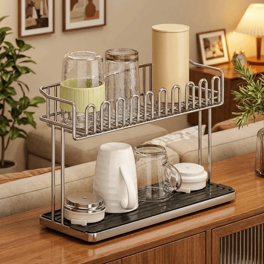 Stainless Steel Double-layer Water Cup Rack Large Capacity Anti-Fall Cup Storage Rack Saving Space with Drain Tray