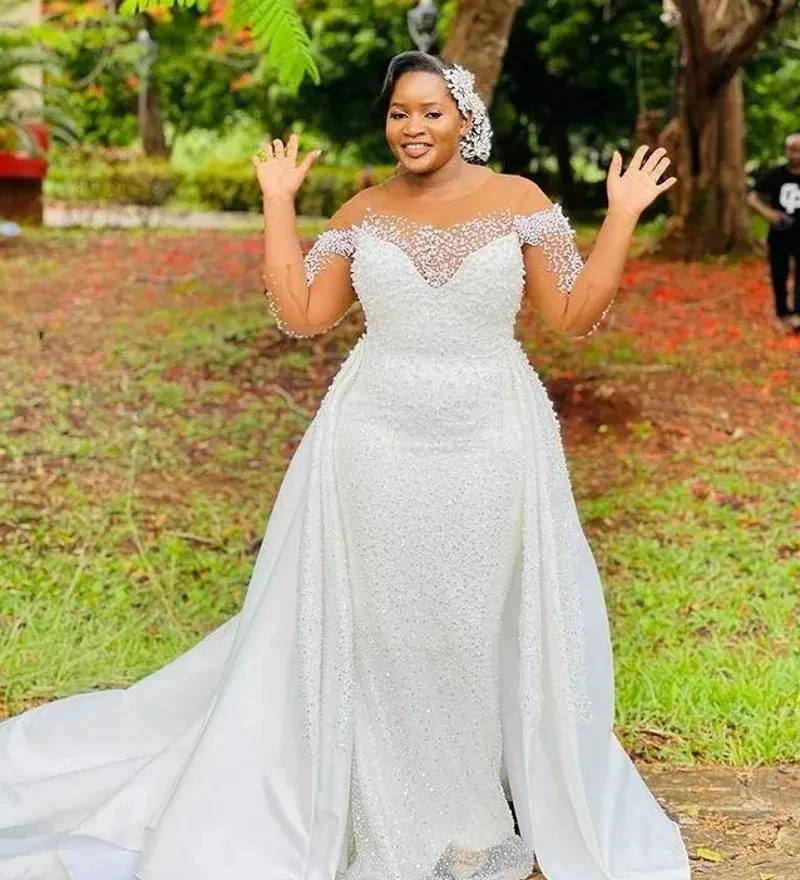 

Pretty Arabic Aso Ebi Luxurious Beads Wedding Dress 2024 with Overskirt Robe De Mariee Long Sleeves Plus Size Bridal Gowns