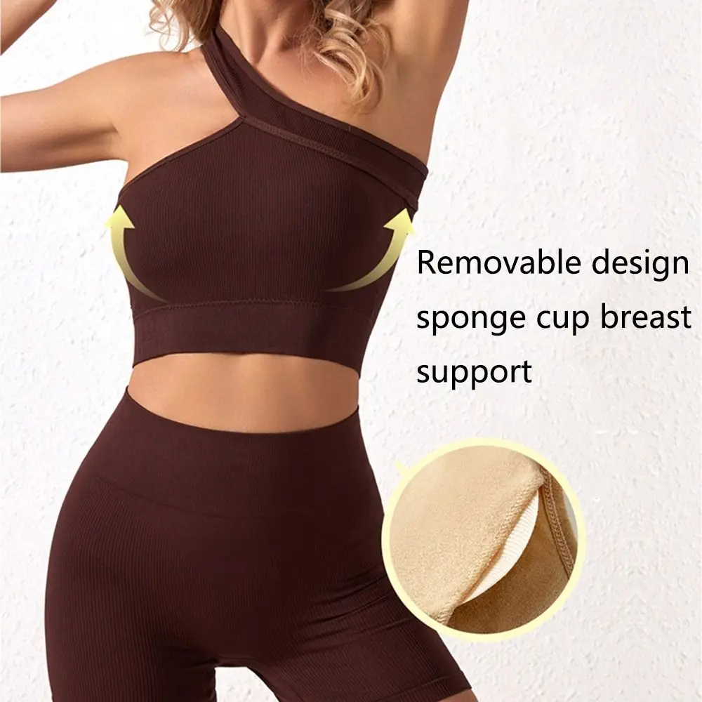 2Pcs Reusable Seamless Women Workout Sets High Waist One Shoulder Active Wear Ribbed Tank Tops Yoga Outfits Fitness