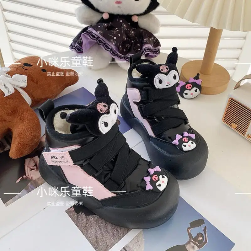 Sanrios Girl Cotton Boots Kuromi Winter New Velvet Keep Warm Kawaii Cartoon Child Shoe Versatile Short Boots Anime Figure