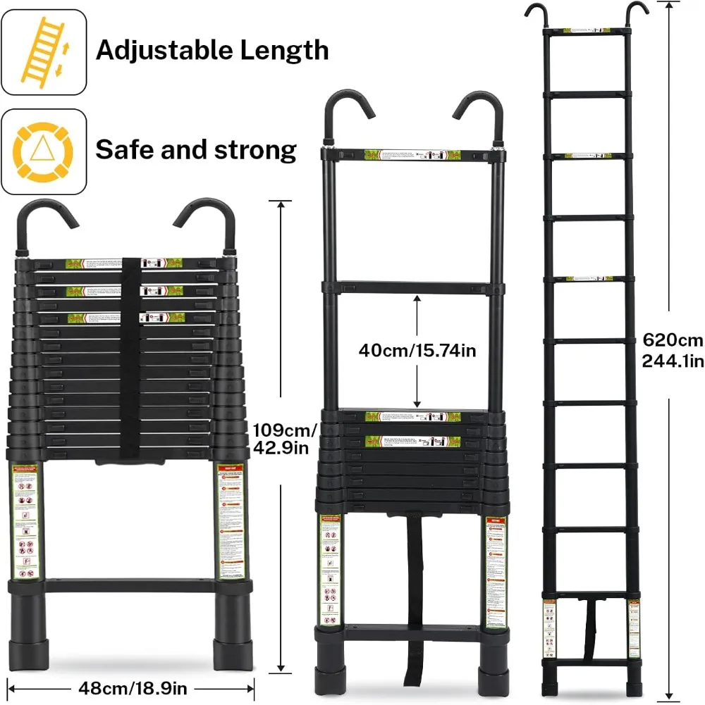 Telescopische Ladder, 20.34ft Rikade Aluminium Telescopische Ladder Met Stabiele Haak En Antislipvoeten, Draagbare Verlengladder