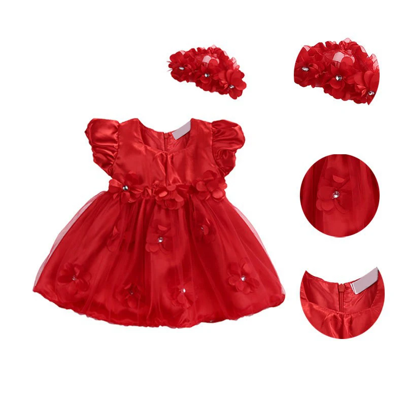 Summer Girl Red Flowers Princess Dress Wedding Party Kids Clothes 0-24M Newborn Baby Girl Princess Dresses with Hair Accessories