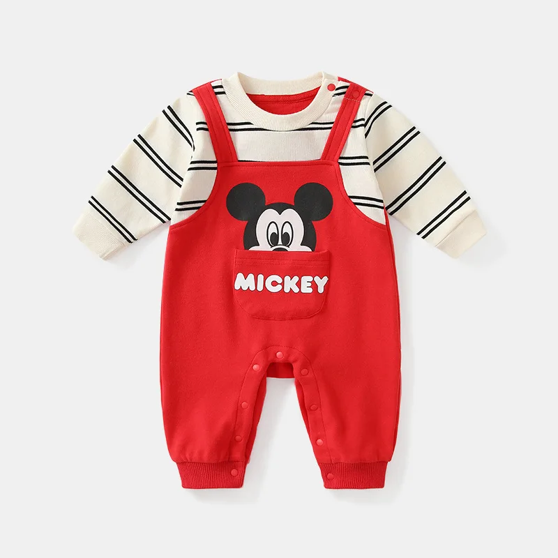 0-2 Years Old Disney Mickey Cartoon Cute Pattern Clothes Baby Spring Fall Cotton Comfortable Soft Onesie Baby Outing Clothes