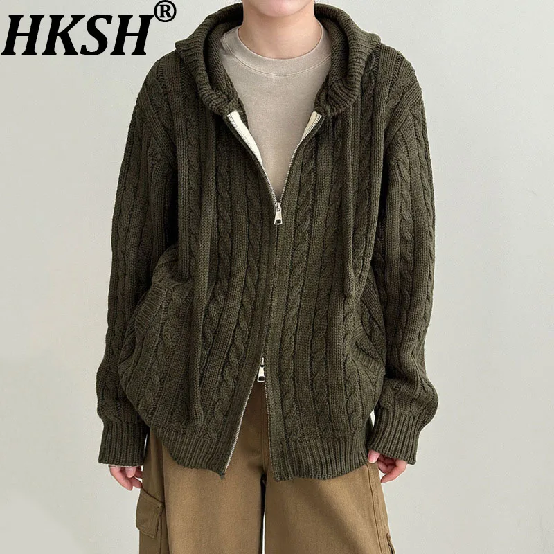 

HKSH осень-зима новый женский свитер с капюшоном на шнурке двойная молния утолщенный шикарный вязаный кардиган американское пальто в стиле ретро HK13438
