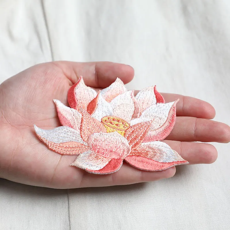 1 Piece Iron on Embroidery Lotus Stickers DIY Cheongsam Box Bag Patch Decoration Gold Blue Pink Orange Adhesive Backing