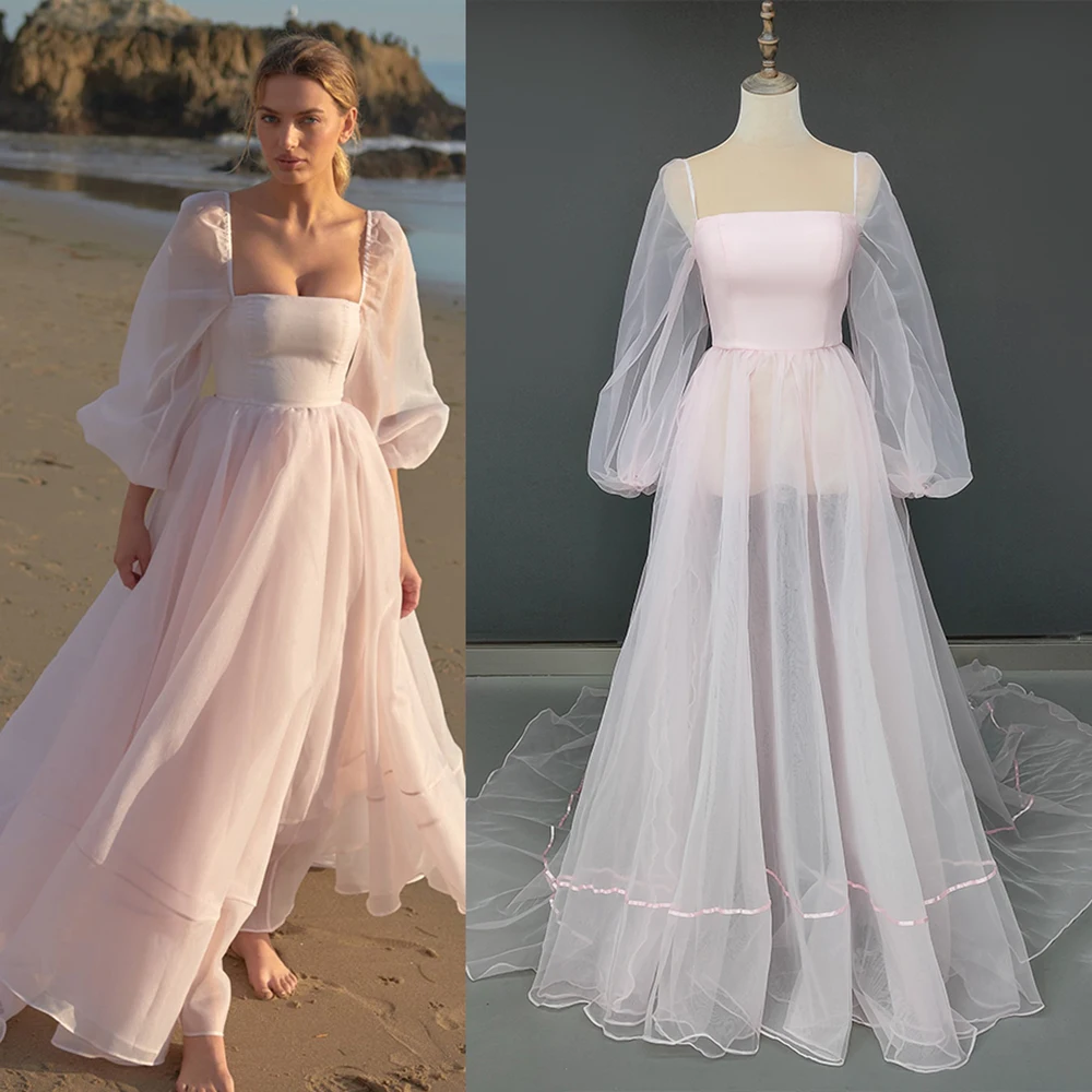 Vestido de boda de Organza de corte A con cuello cuadrado, botones hechos A medida, talla grande, longitud Irregular, para playa y novia