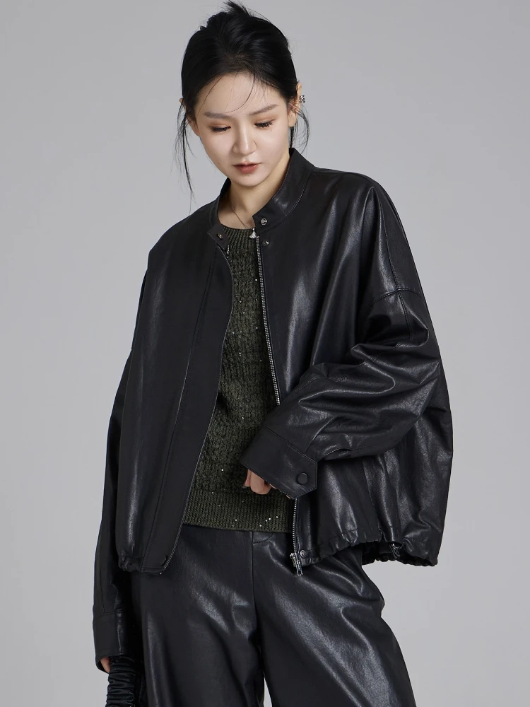 Chaquetas cortas informales de piel auténtica para mujer, abrigo de piel de oveja auténtica negro suave y holgado con cuello levantado Simple de gama alta para primavera y otoño