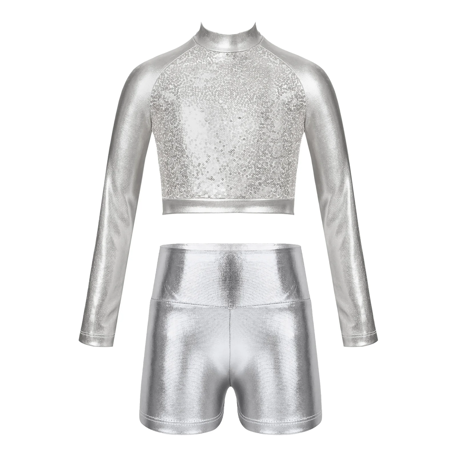 Kids Girls Shiny Metallic Dance Top Shirts Sequin Long Sleeve Fully Lined Crop Tops for Performance Jazz Hiphop Modern Dancewear