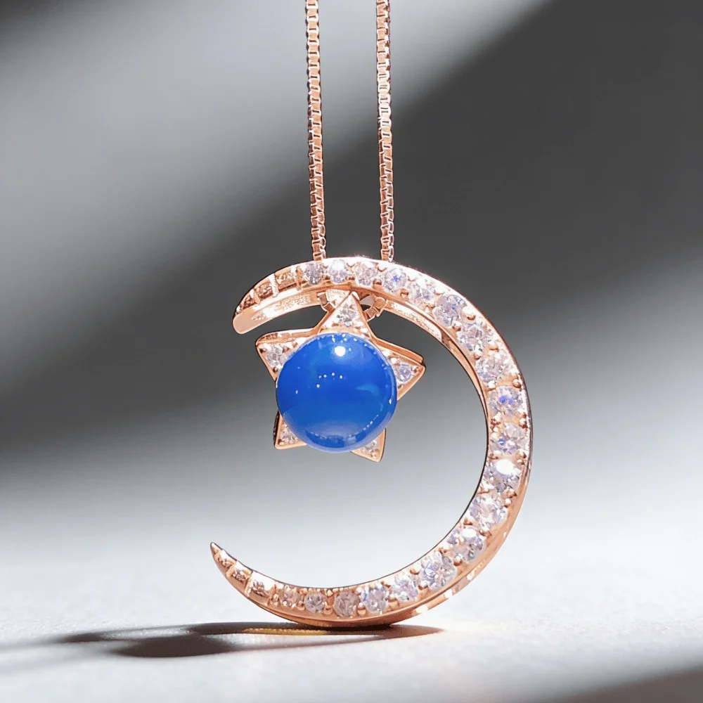 

Sterling Silver Pendant with Natural Dominican Blue Amber 6mm Round Bead Moon Star Necklace Sweet Dainty Jewelry Gift for Her